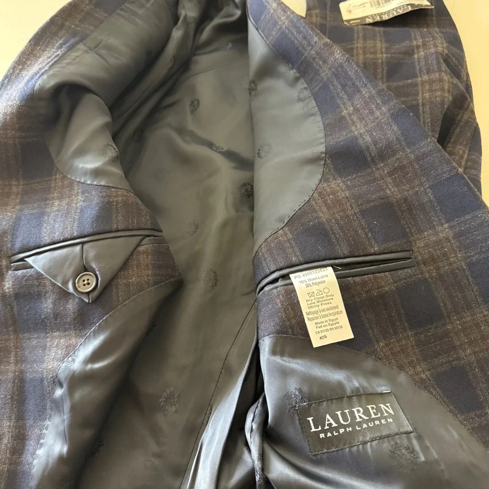 Lauren Ralph Lauren Mens Ultraflex Navy Brown Plaid Wool Blazer 42 Long LETO12P